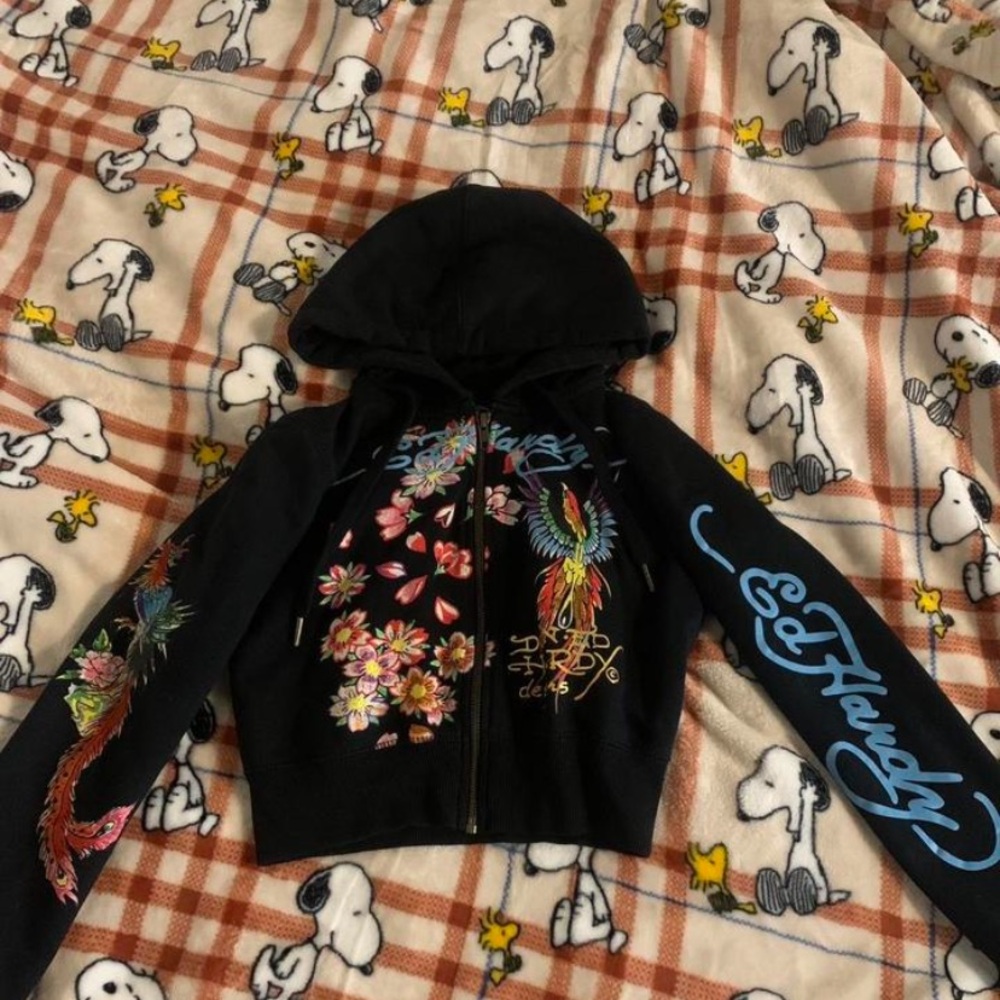 Ed Hardy  Black Hoodie with Vibrant Floral and Bird Design